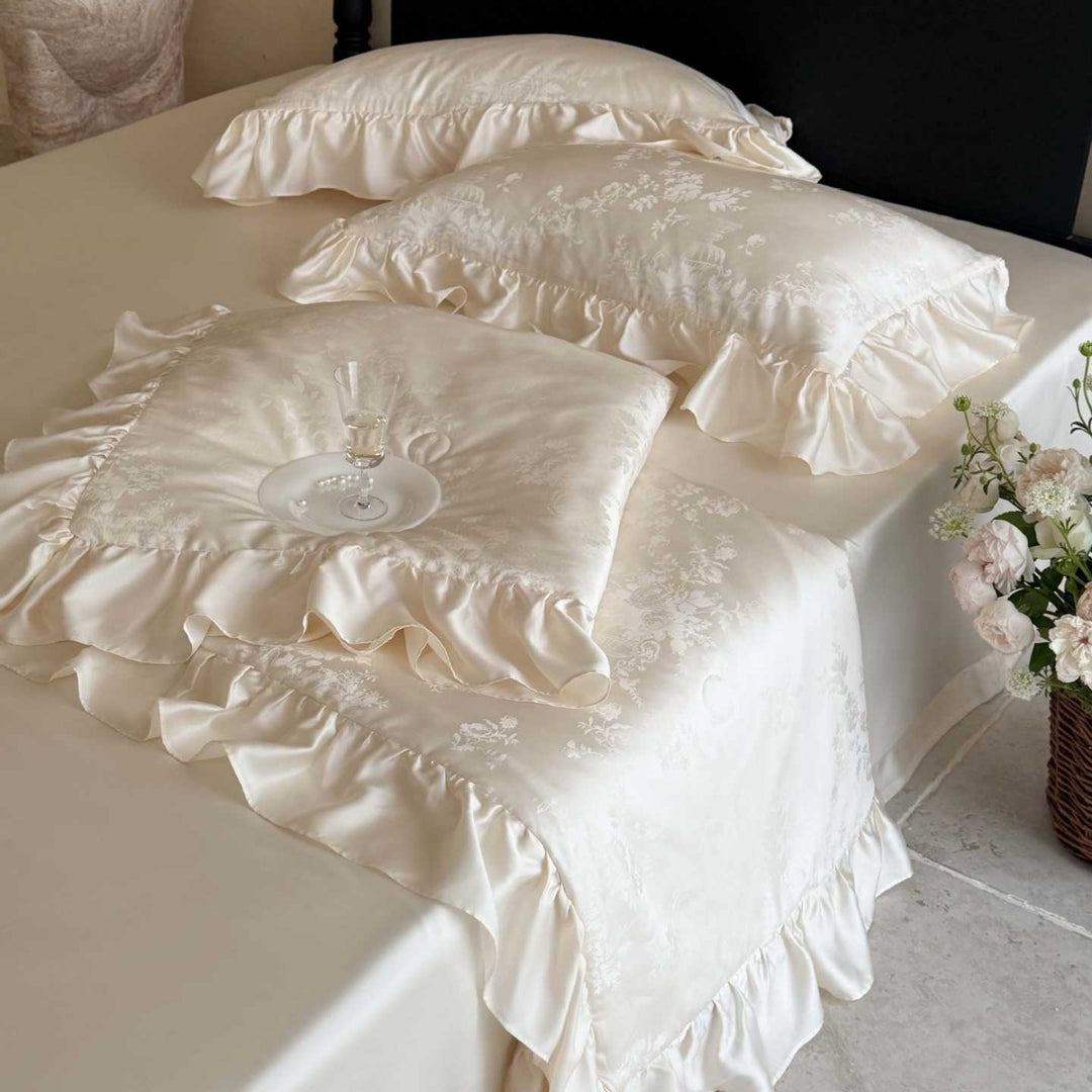 Luxury Satin Ruffled Duvet Cover Set with Jacquard Floral Weave