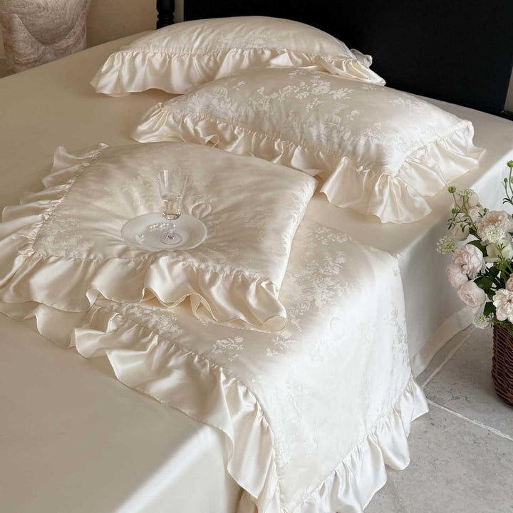 Luxury Satin Ruffled Duvet Cover Set with Jacquard Floral Weave