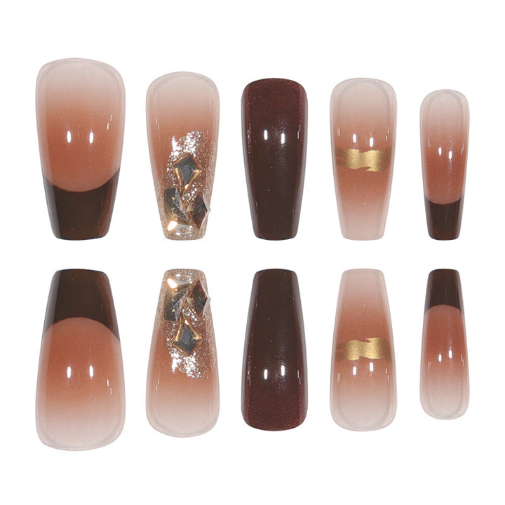 Elegant Long Press-On Nails with Decorative Gold Accents Stornfield