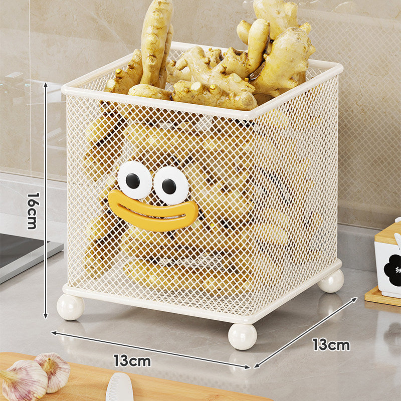 Round Mesh Countertop Garlic and Produce Basket with Decorative Face and Ball Feet