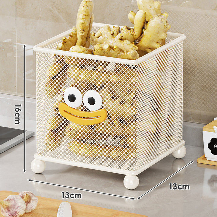 Round Mesh Countertop Garlic and Produce Basket with Decorative Face and Ball Feet