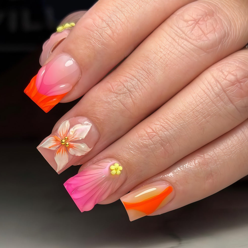 Artificial nails with floral 3D designs and gradient color Stornfield