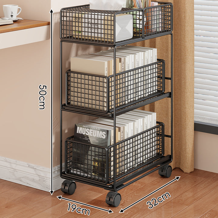 Compact Two-Tier Rolling Metal Mesh Storage Trolley with Locking Swivel Casters