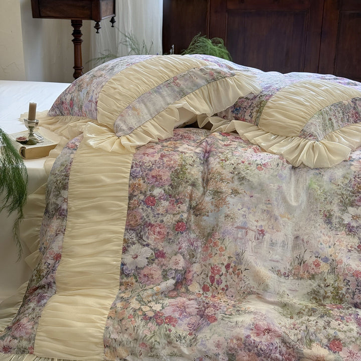 Floral Ruffled Satin-Trim Luxury Duvet Cover Set with Pillow Shams