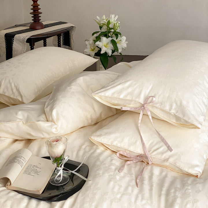 Embroidered Jacquard Floral Duvet Cover Set with Tie-Closure Pillow Shams