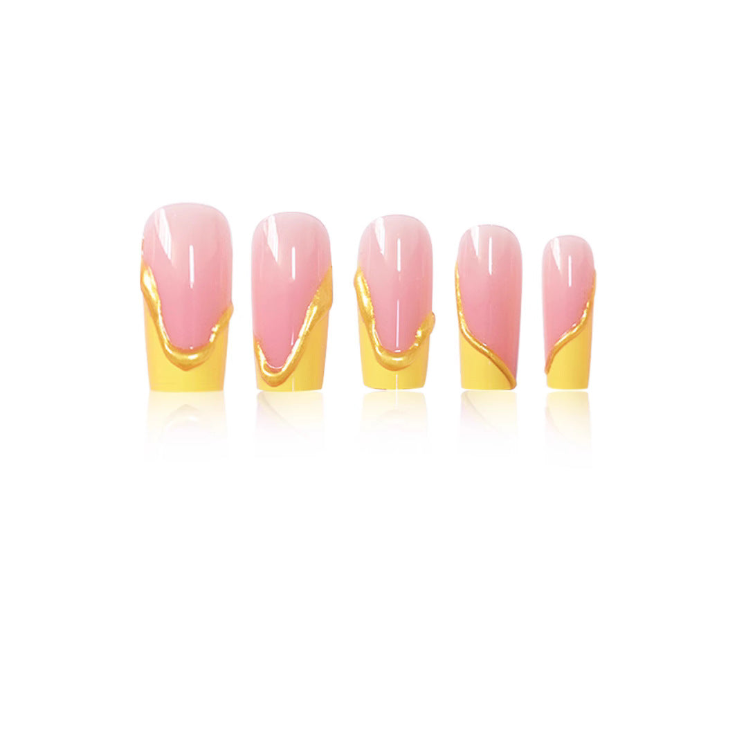 Elegant Acrylic French Tip Press-On Nails with Gold Detailing Stornfield
