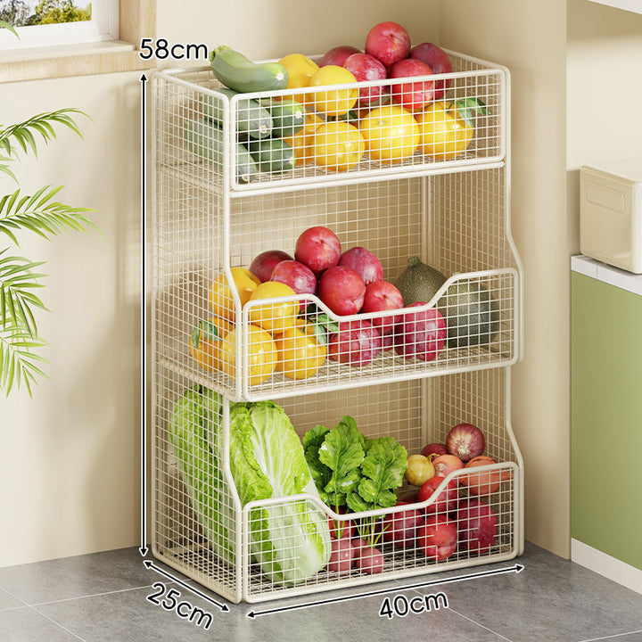 Double-Tier Metal Mesh Produce and Pantry Storage Rack with Sliding Front Baskets