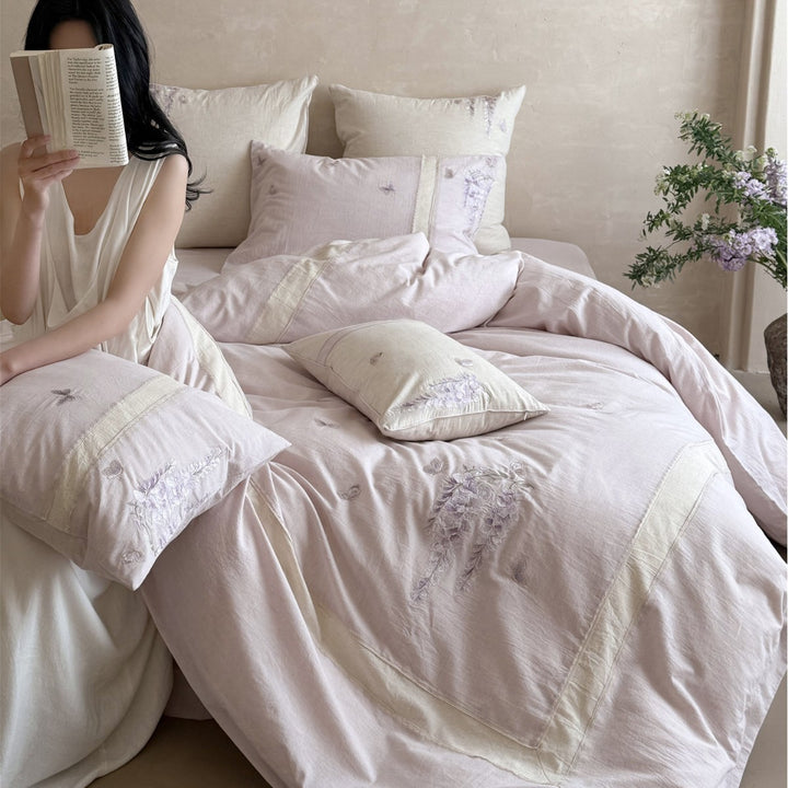 Linen-Blend Embroidered Wisteria Duvet Cover and Sham Set