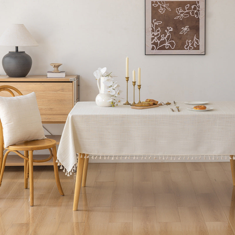 Rectangular Textured Cotton-Linen Tablecloth with Knotted Tassel Fringe and Matching Accent Pillow Covers
