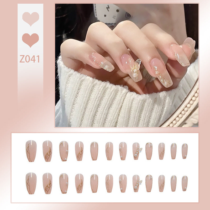Artistic Press-On Nail Set Featuring Pearl and Gem Embellishments