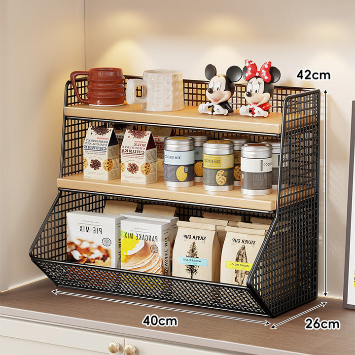 Compact Mesh Countertop Pantry Organizer with Two Wooden Shelves and Deep Front Basket