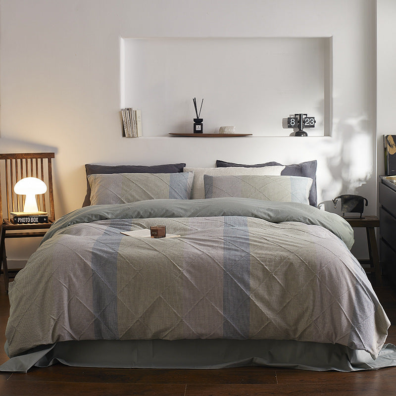 Quilted Cotton-Linen Striped Duvet Cover Set with Reversible Sateen Backing