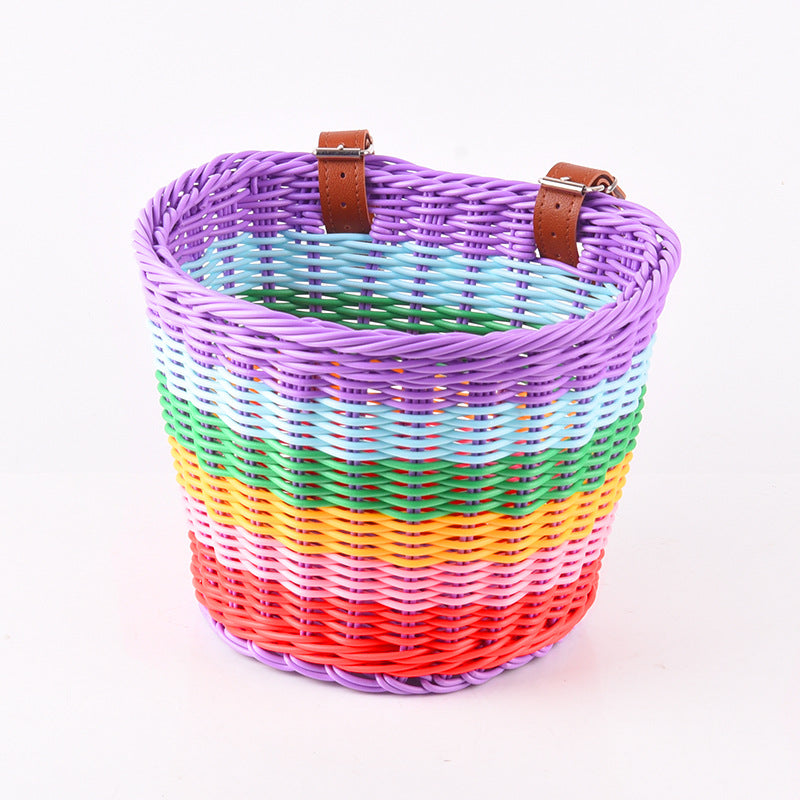 woven front bicycle basket with adjustable leather handlebar straps Stornfield