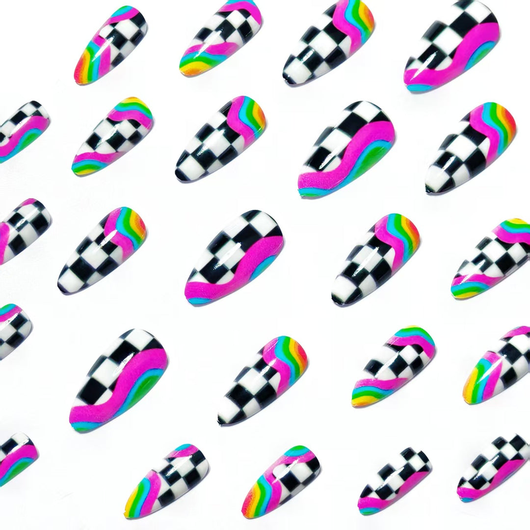 Creative artificial nails with colorful wave and checkerboard design Stornfield