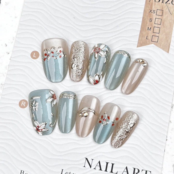Decorative Press-On Nail Art Set with Unique Floral Accents