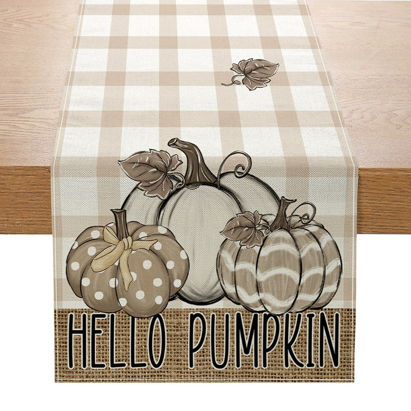 Cotton-Linen Fall Pumpkin Decorative Table Runner with 'Hello Fall' Script