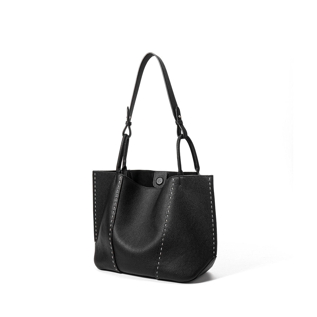 Pebbled Leather Two-Handle Snap-Top Tote with Contrast Stitch Detailing