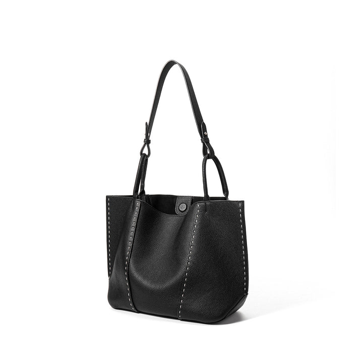 Pebbled Leather Two-Handle Snap-Top Tote with Contrast Stitch Detailing