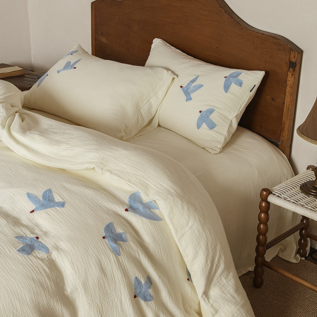 Washed Cotton Muslin Embroidered Bird Duvet Cover Set