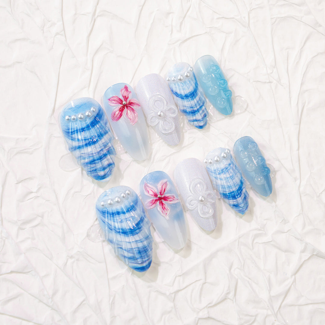Artistic Floral and Shell-Design Press-On Nail Art Set Stornfield
