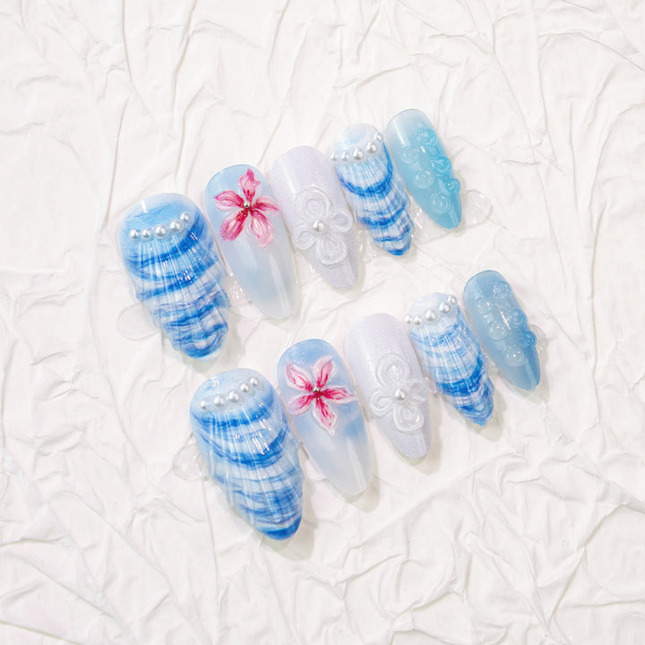 Artistic Floral and Shell-Design Press-On Nail Art Set Stornfield
