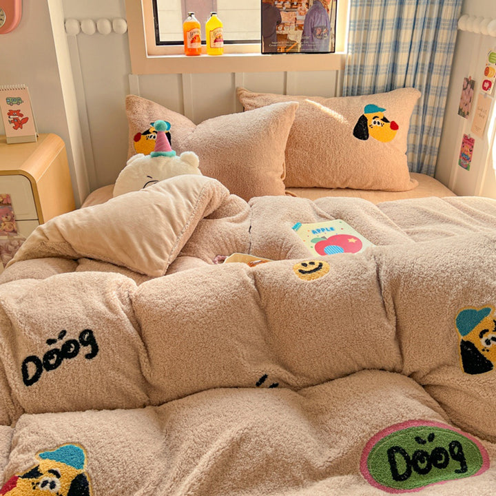 Plush Sherpa Reversible Comforter and Pillowcase Set with Kawaii Embroidered Motif