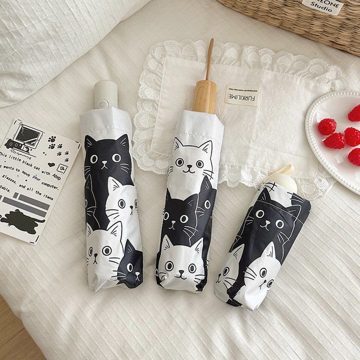Women Folding Umbrella with Playful Cat Pattern Stornfield