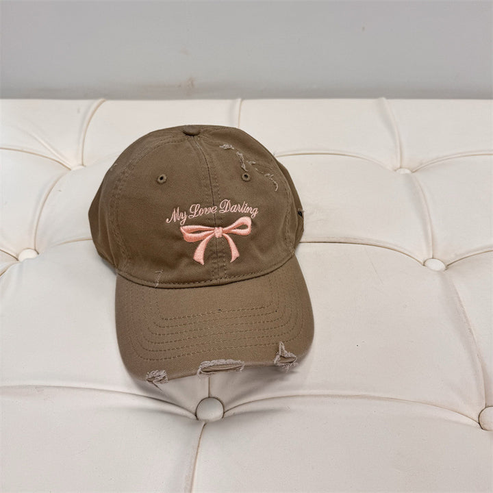 Women's Distressed Cotton Baseball Cap with Bow Embroidery Stornfield