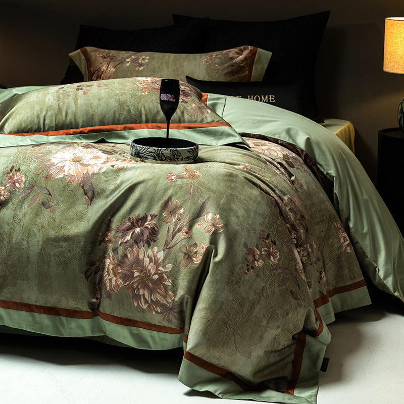 Floral Jacquard Cotton Sateen Duvet Cover Set with Reversible Border