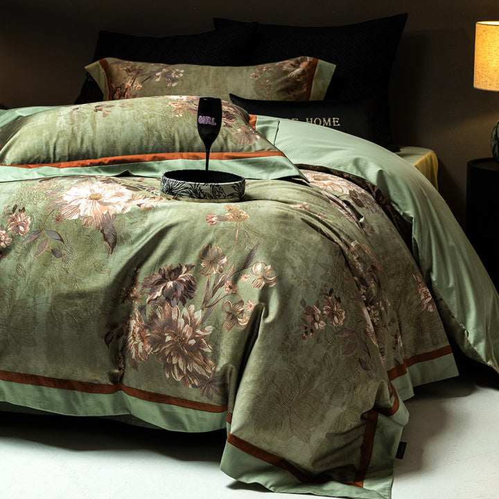 Floral Jacquard Cotton Sateen Duvet Cover Set with Reversible Border