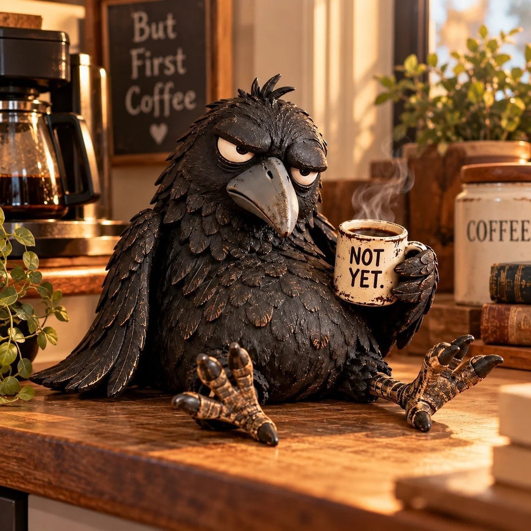 Quirky Raven Sculpture with Coffee Cup Stornfield
