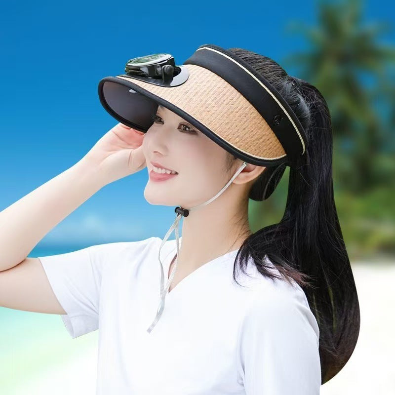 Adjustable sunshade for with removable solar fan and breathable straw effect Stornfield