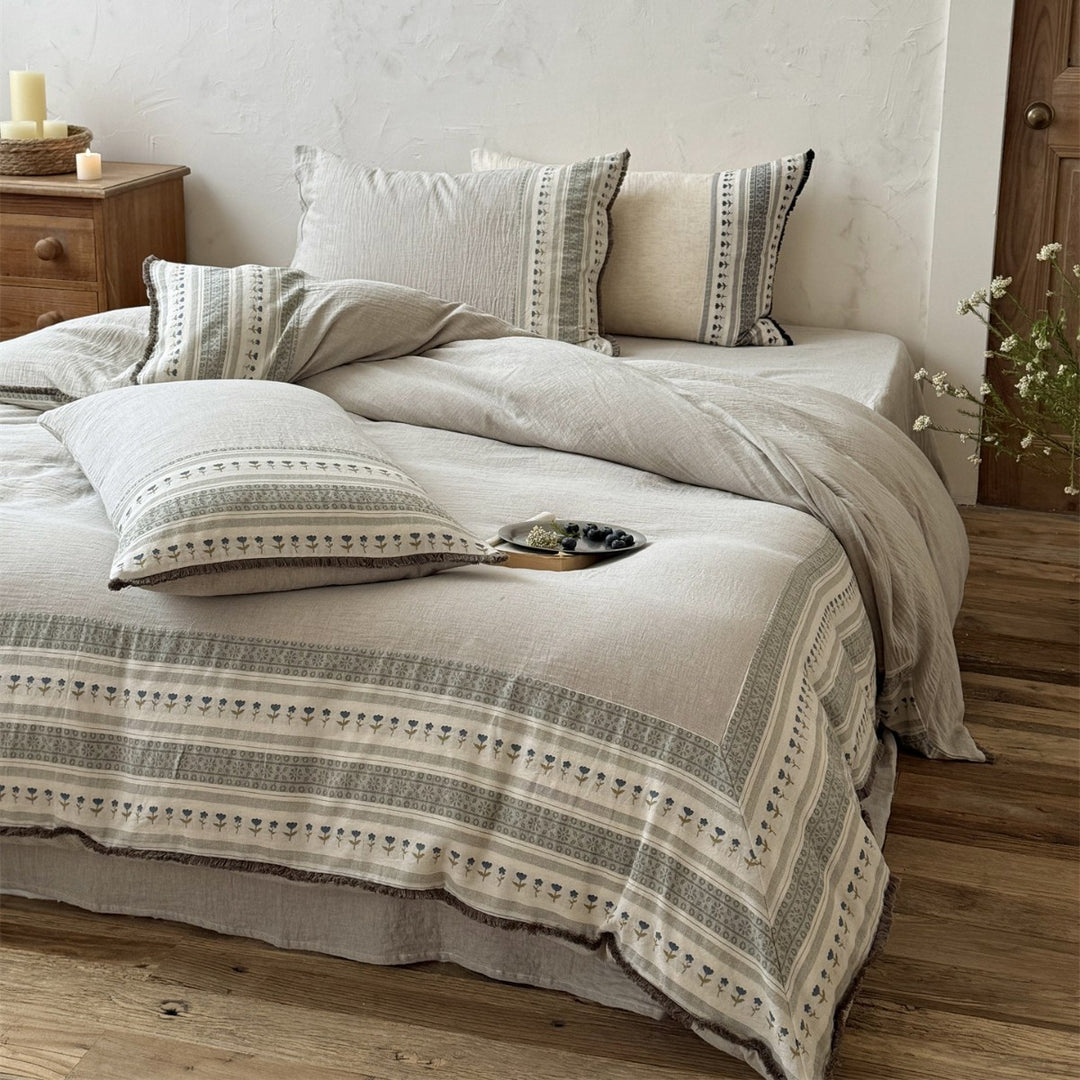 Linen-Blend Bohemian Printed Duvet Cover Set with Fringed Edge and Pillow Shams