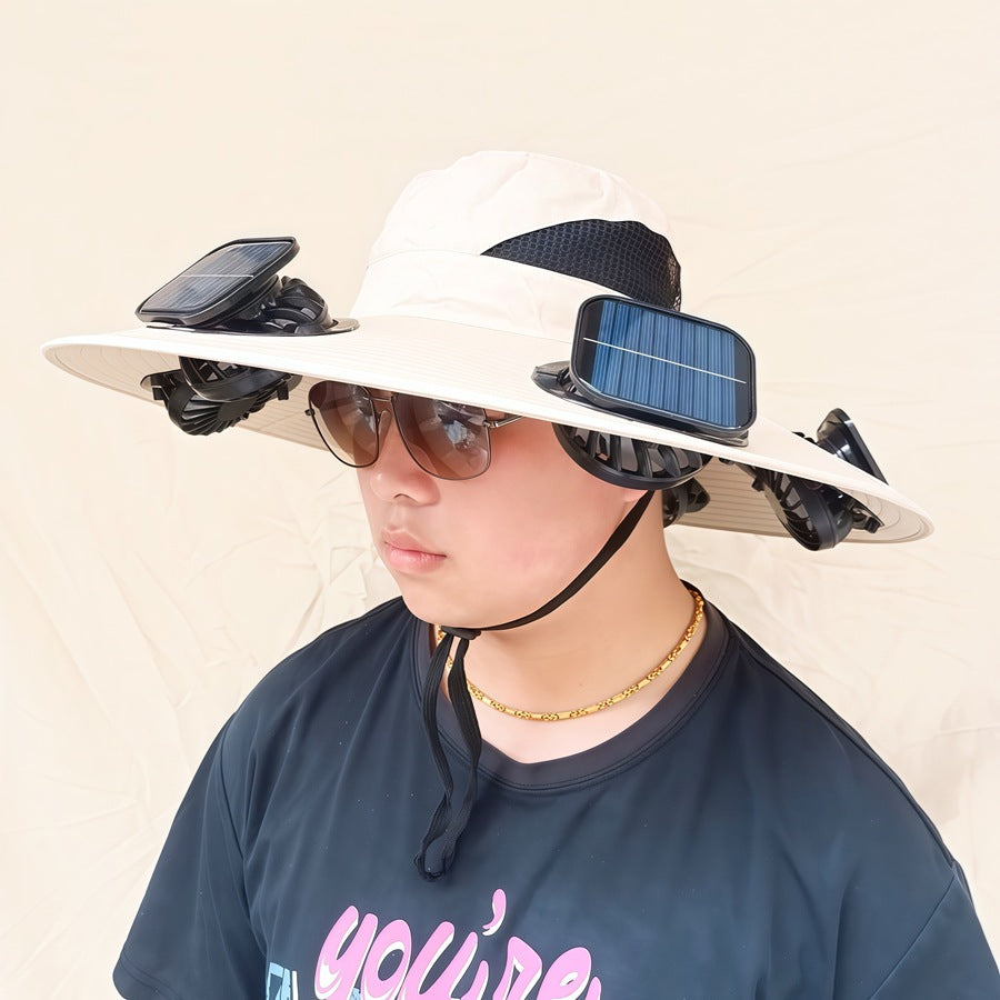 Wide-brimmed sun hat with detachable swivel solar fans and adjustable chin strap Stornfield
