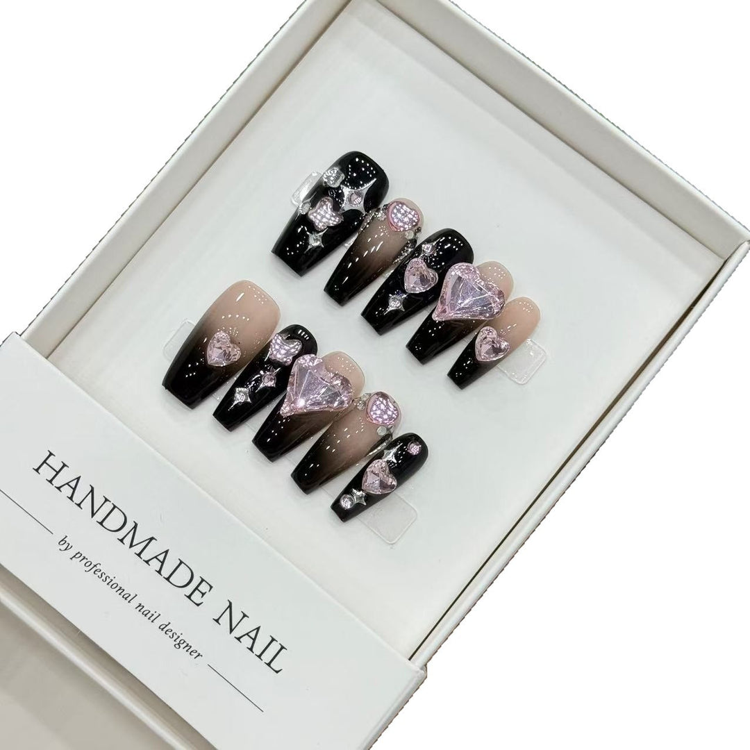 Decorative Press-On Nail Art Set with Heart and Gem Accents
