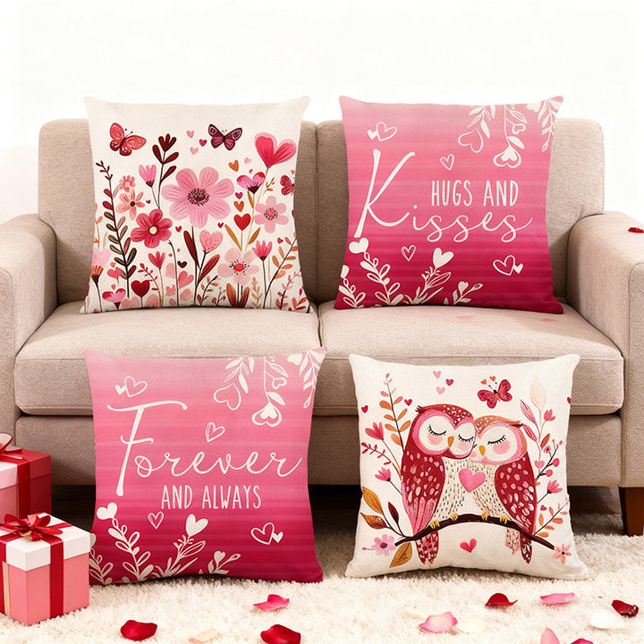 Decorative Floral Heart Pattern Throw Pillow Cover with Butterfly Motif Linen-Texture