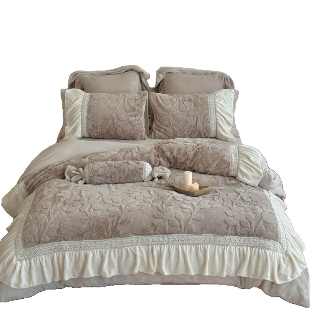 Embossed Floral Quilted Duvet Cover Set with Ruffled Skirt Lace-Trim & Bolster Pillow