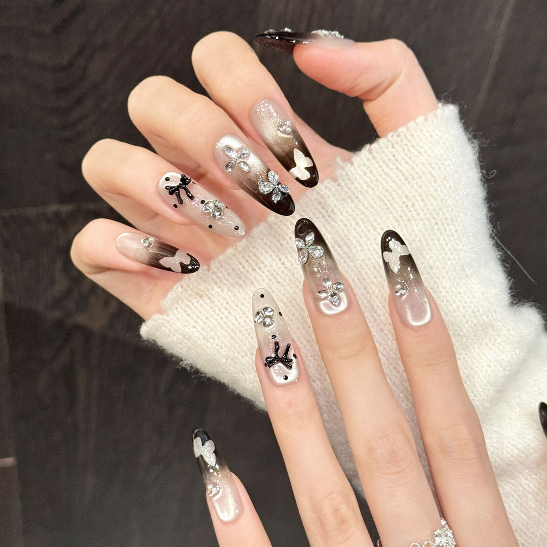 Artistic Press-On Nail Set with 3D Floral and Gem Accents