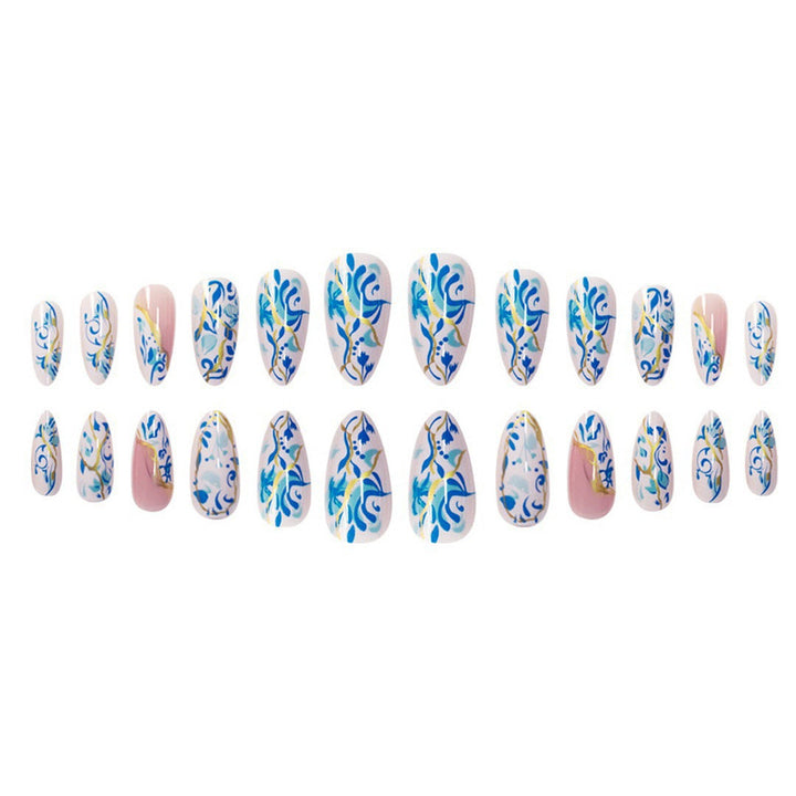 Artistic Floral Press-On Nail Design with Gold Accents Stornfield