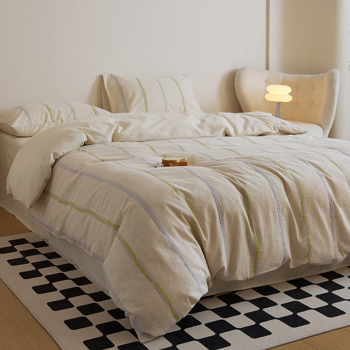 Cotton-linen duvet cover set with brush stroke stripes and airy muslin texture
