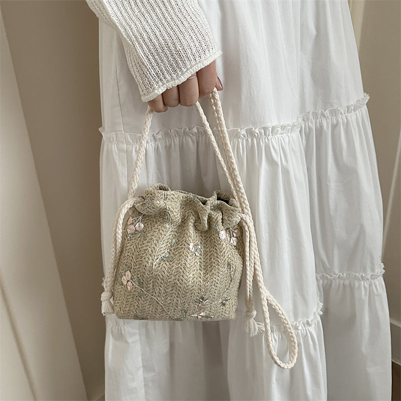 Embroidered Drawstring Mini Handbag