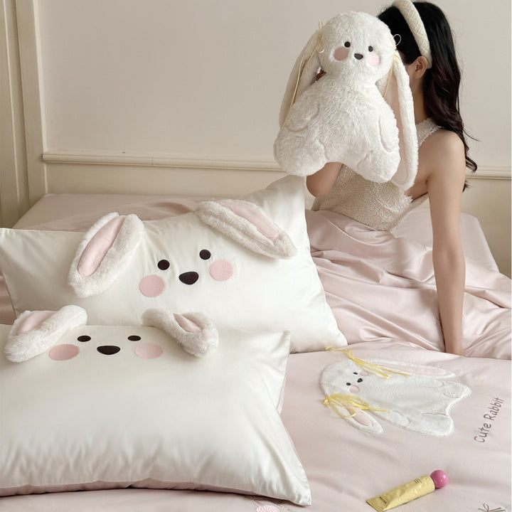 Plush 3D Bunny Appliqué Embroidered Cotton Sateen Duvet Cover Set