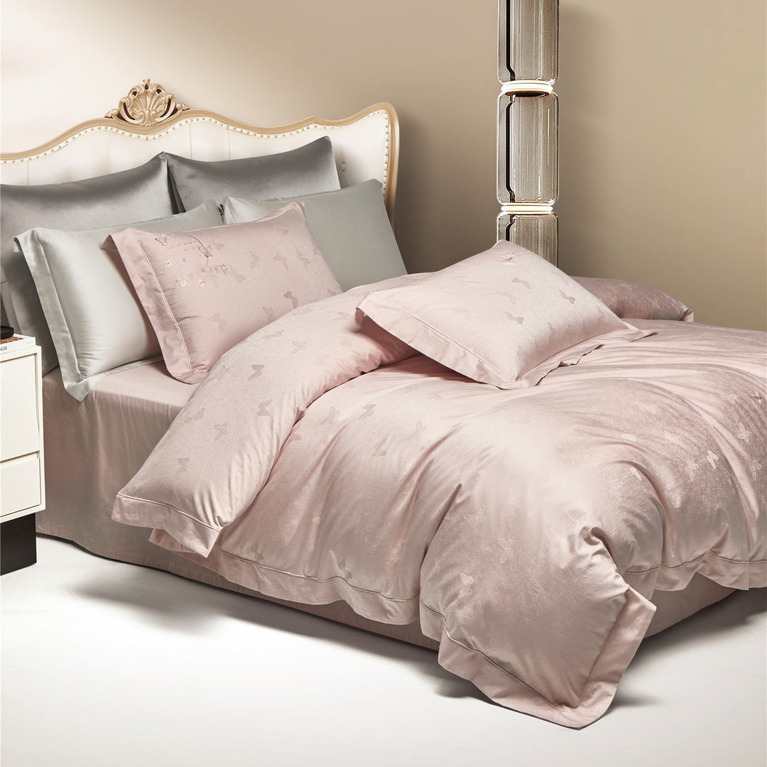 Satin-Jacquard Duvet Cover Set with Subtle Butterfly Jacquard and Pillow Shams