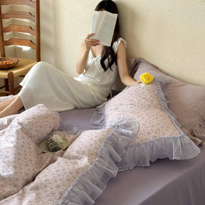 Ruffled-Trim Cotton Sateen Duvet Cover Set with Floral Microprint and Decorative Pillow Shams