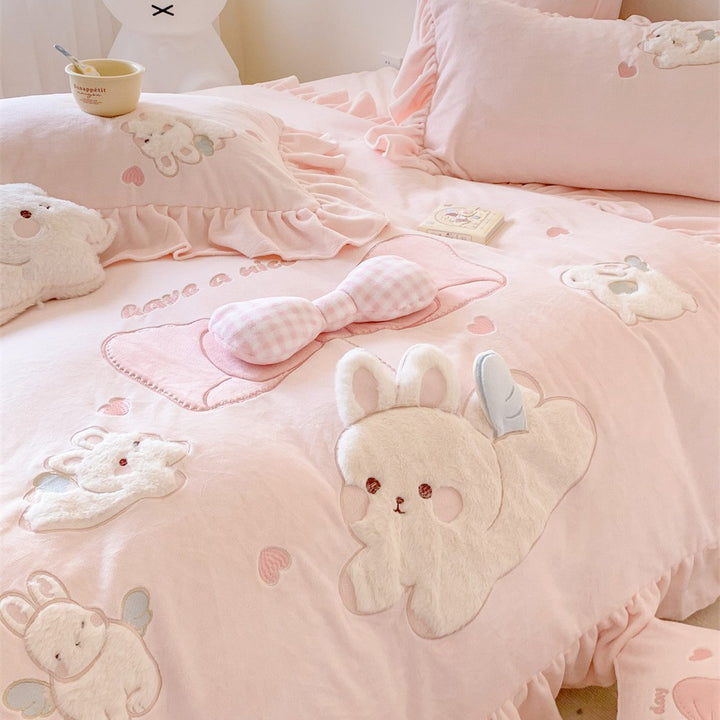 Ruffled Embroidered Bunny Appliqué Cotton Duvet Cover Set with Pillow Shams