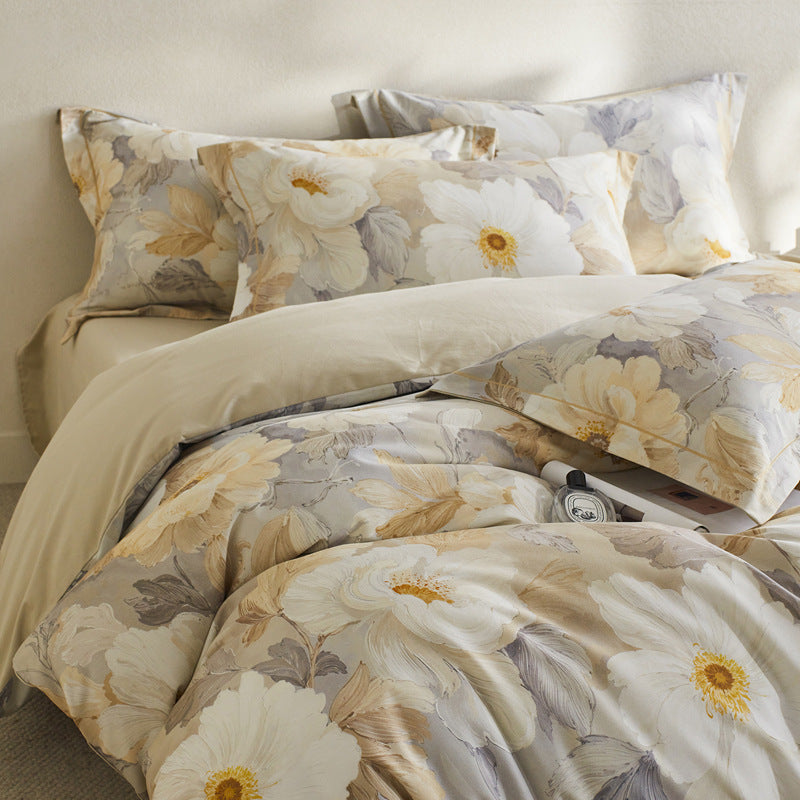 Reversible Botanical Cotton Sateen Duvet Cover Set with Pillow Shams