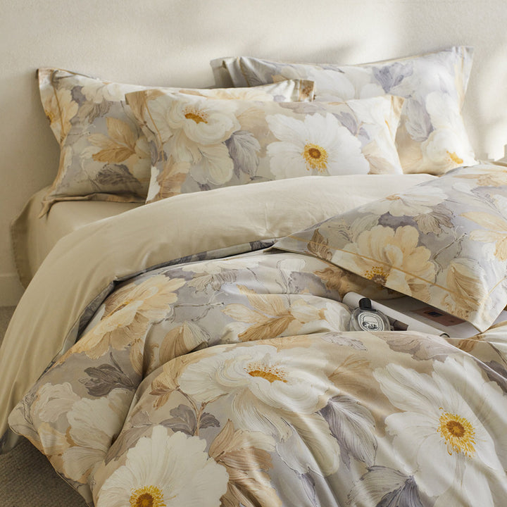 Reversible Botanical Cotton Sateen Duvet Cover Set with Pillow Shams