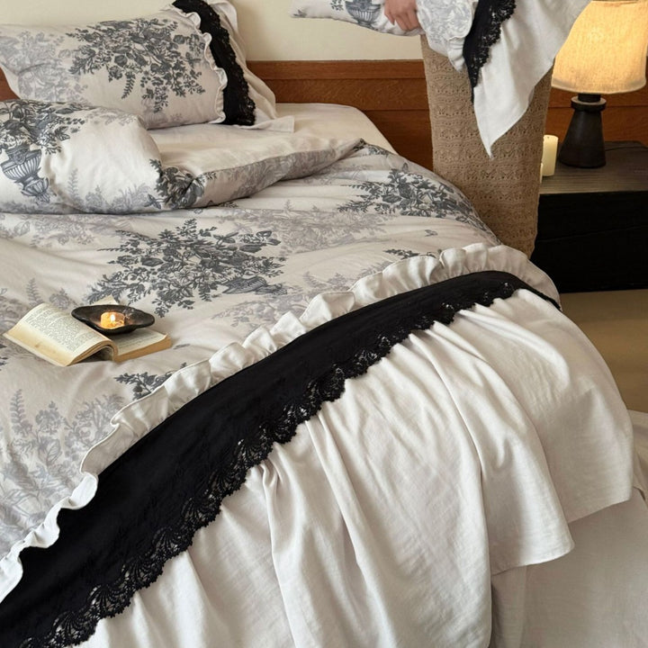 Ruffled Toile Floral Duvet Cover Set with Lace-Trimmed Bed Skirt & Decorative Shams