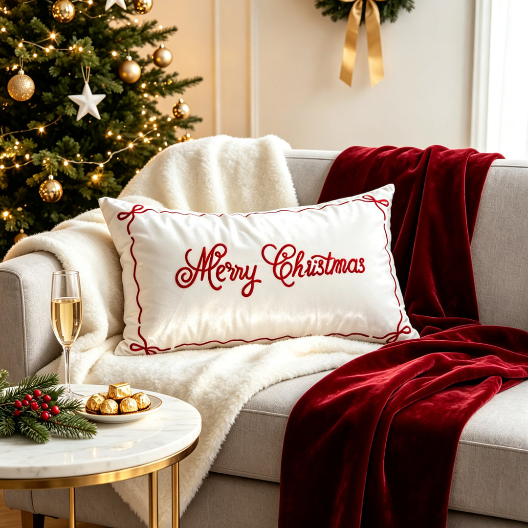 Embroidered Holiday Satin Lumbar Throw Pillow Cover with Hidden Zipper