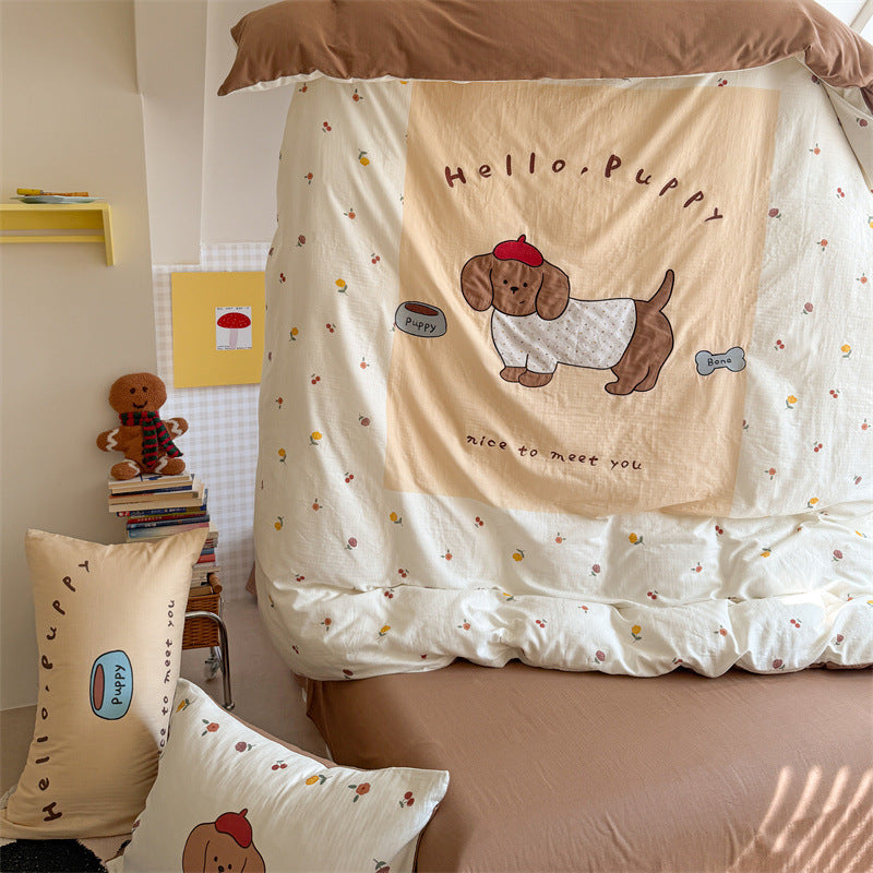 Cute Cartoon Puppy Cotton Duvet Cover Set with Pillow Shams and Reversible Floral Border